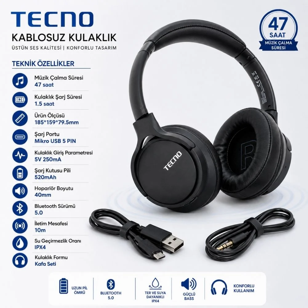 Tecno Nightingale-N1 Kablosuz Wireless Extra Bass Kulaklık Siyah