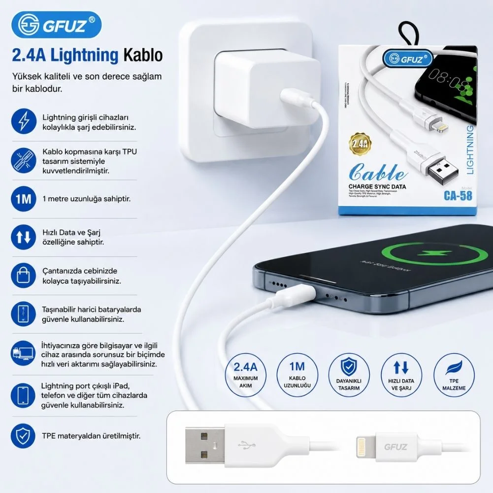 Gfuz CA58 2.4A UsbA to Lightning Data ve Hızlı Şarj Kablosu Beyaz