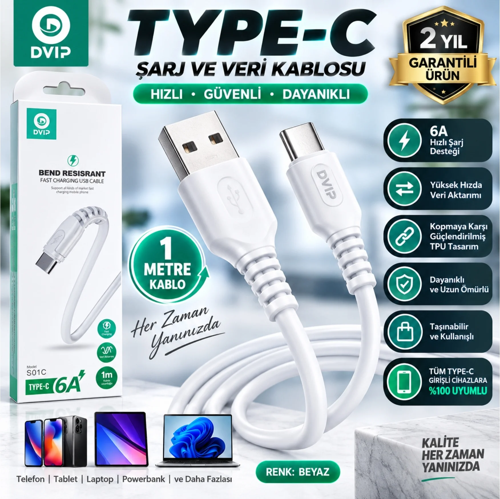 DVIP S01C 6A 67W Fast Charging UsbA to Type-C Data ve Hızlı Şarj Kablosu 1M Beyaz