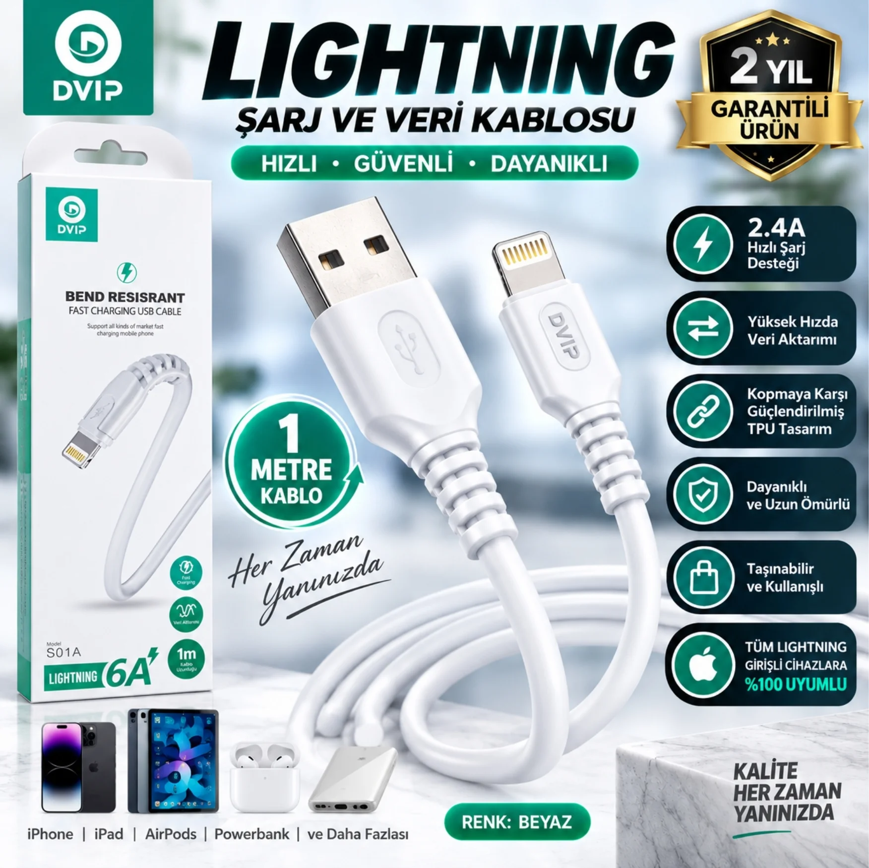 DVIP S01A 6A 67W Fast Charging UsbA to Lightning Data ve Hızlı Şarj Kablosu 1M Beyaz