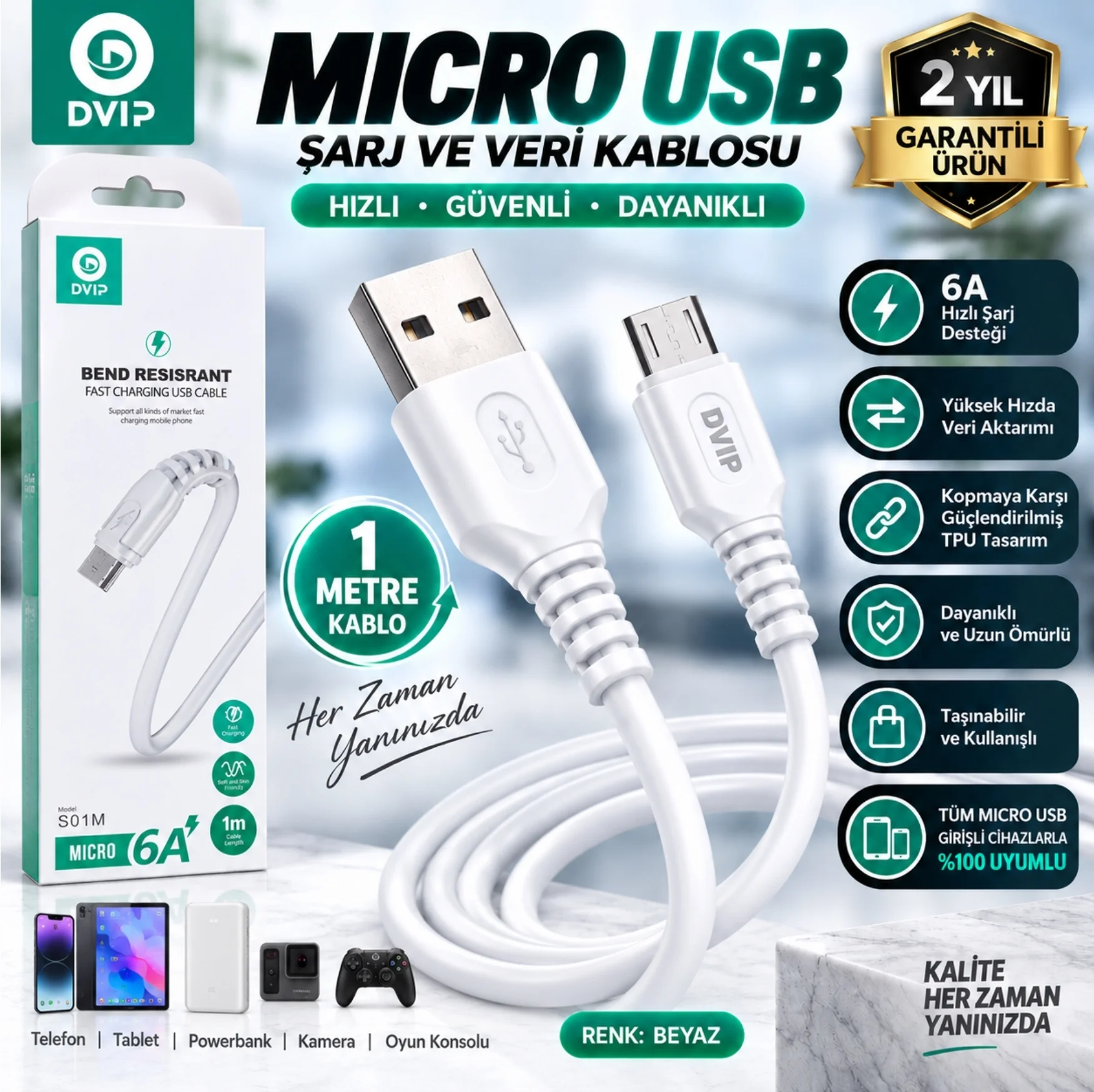 DVIP S01M 6A 67W Fast Charging UsbA to Micro Data ve Hızlı Şarj Kablosu 1M Beyaz