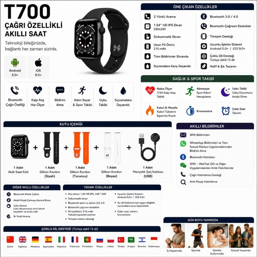 Winex T700 Android İos Uyumlu Çağrı Özellikli Akıllı Saat Siyah