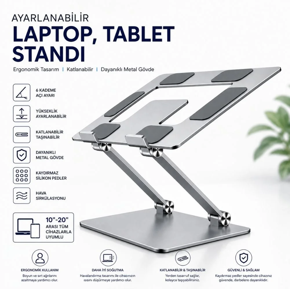 Winex Metal Ayarlanabilir Laptop, Tablet, Macbook, Matebook Yükseltici Katlanabilir Stand Tutucu Uzay Grisi