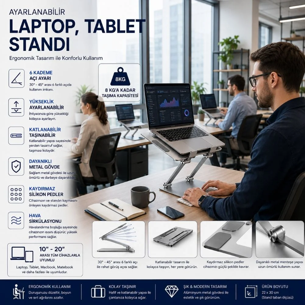 Winex Metal Ayarlanabilir Laptop, Tablet, Macbook, Matebook Yükseltici Katlanabilir Stand Tutucu Uzay Grisi
