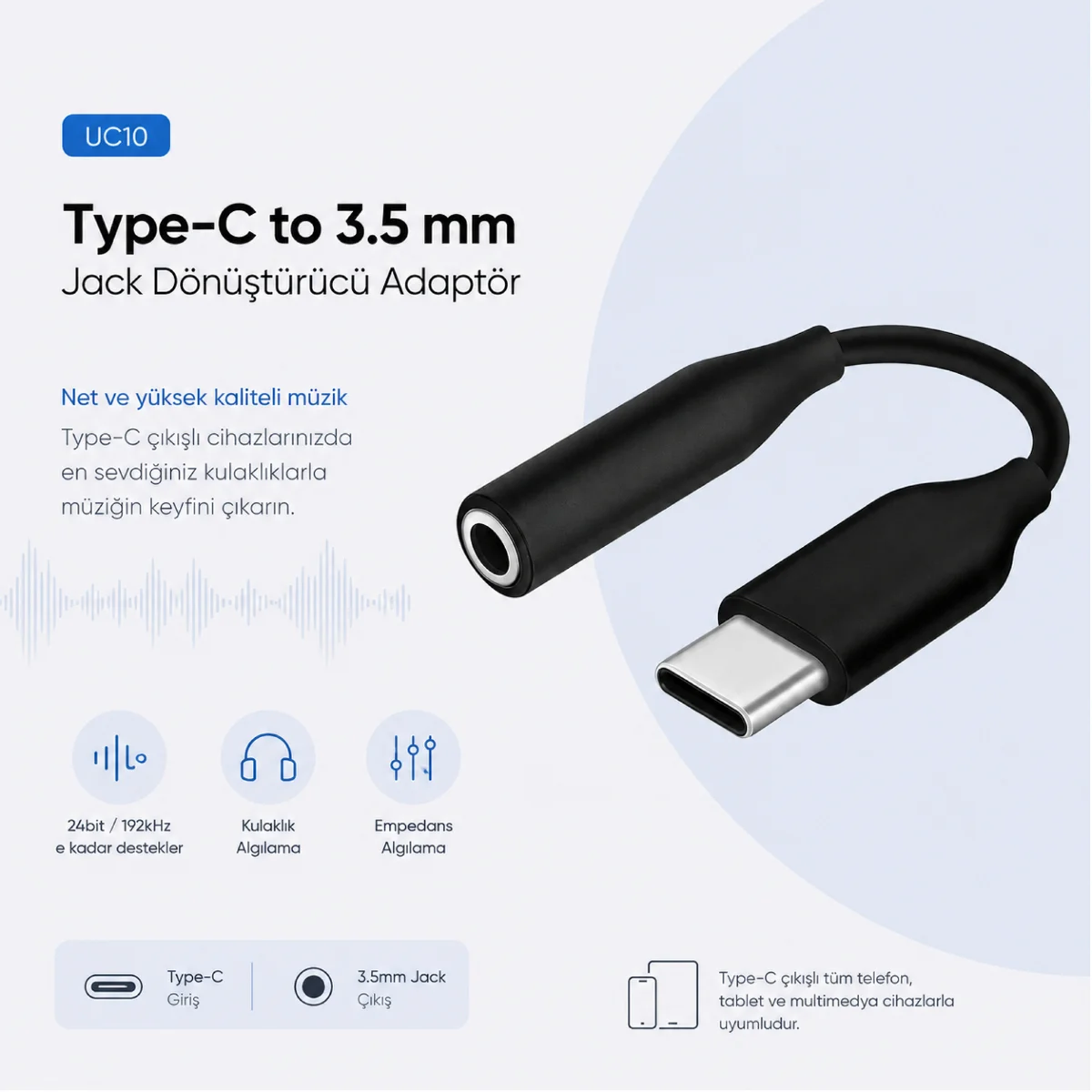 Schitec UC10 Type-C to 3.5mm Jack Dönüştürücü Adaptör Siyah