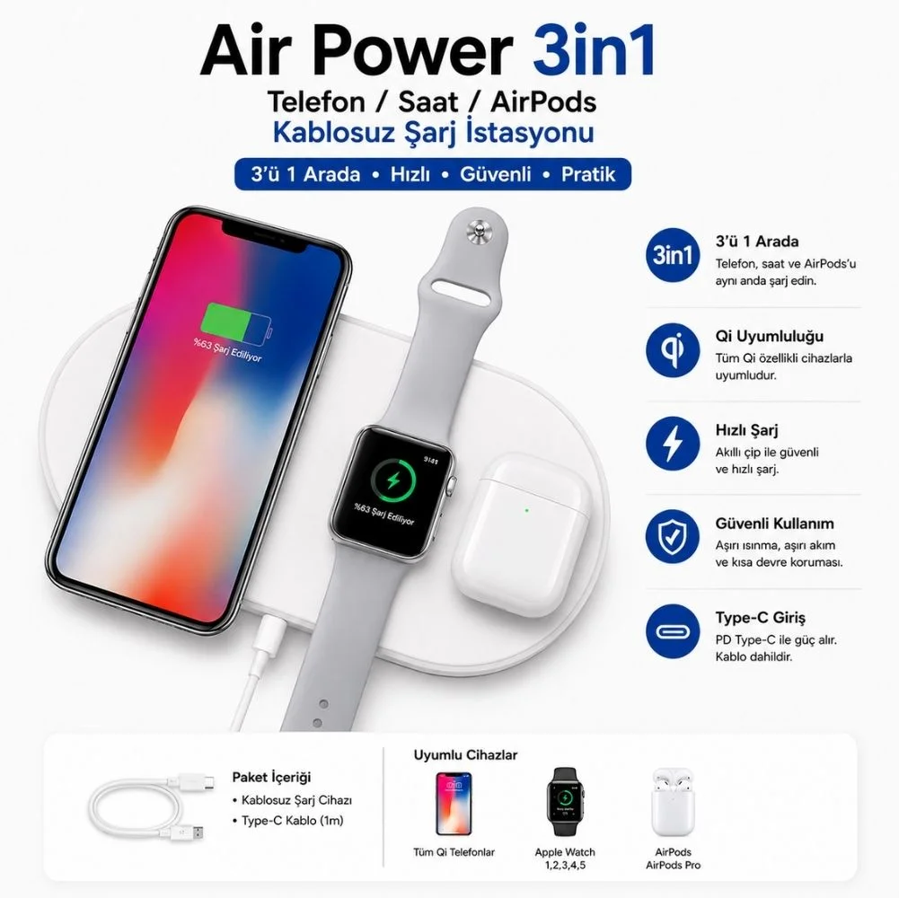ScHitec Air Power 3in1 Telefon/Saat/Airpods Wireless Kablosuz Şarj İstasyonu