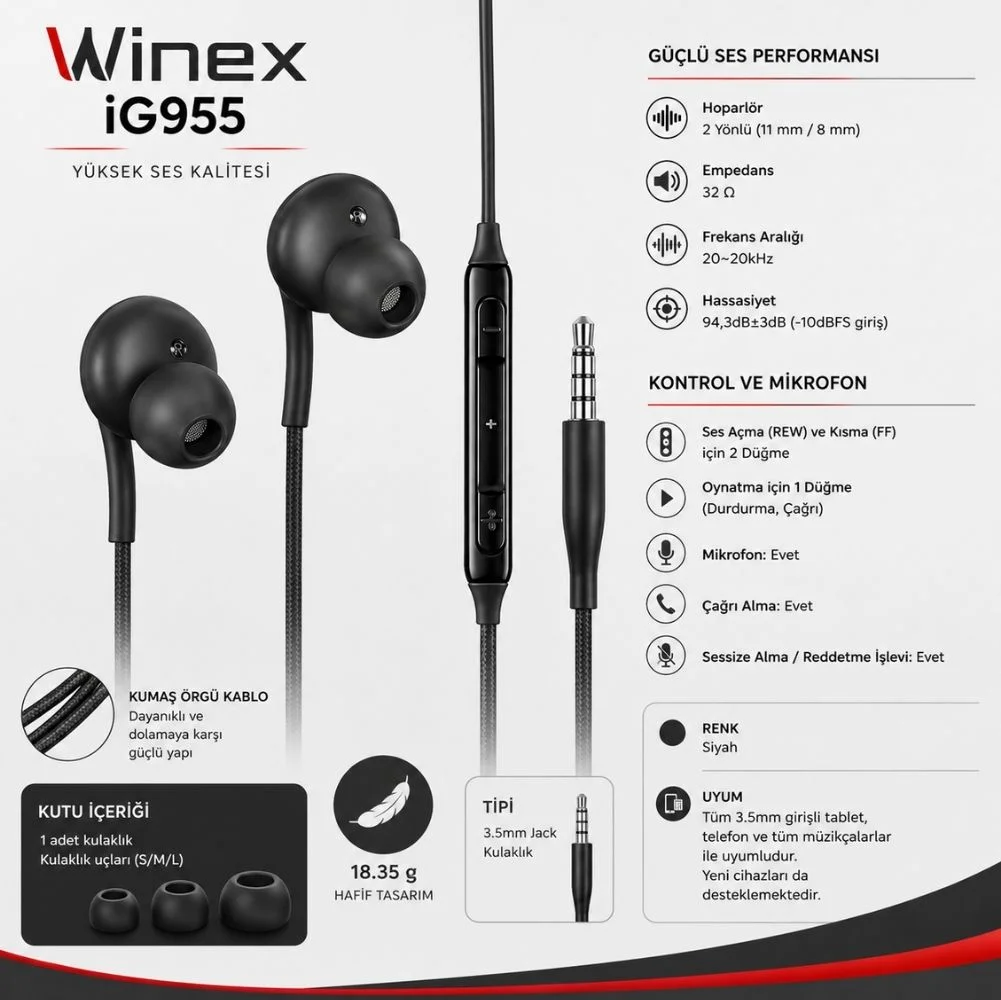 Winex İg955 Mikrofonlu Kablolu Kulaklık 3.5mm Siyah
