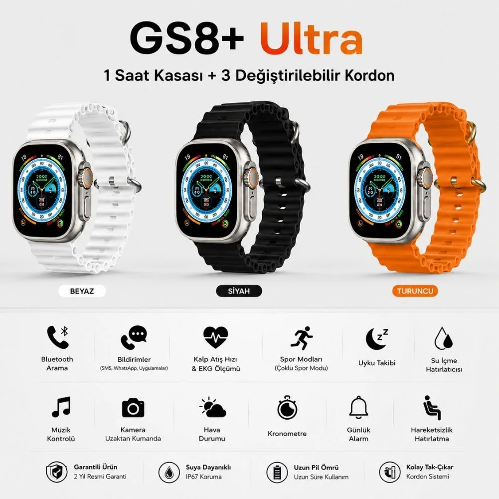 ScHitec GS8 Ultra Android İos HarmonyOs Uyumlu 3 Kordonlu Akıllı Saat Gümüş