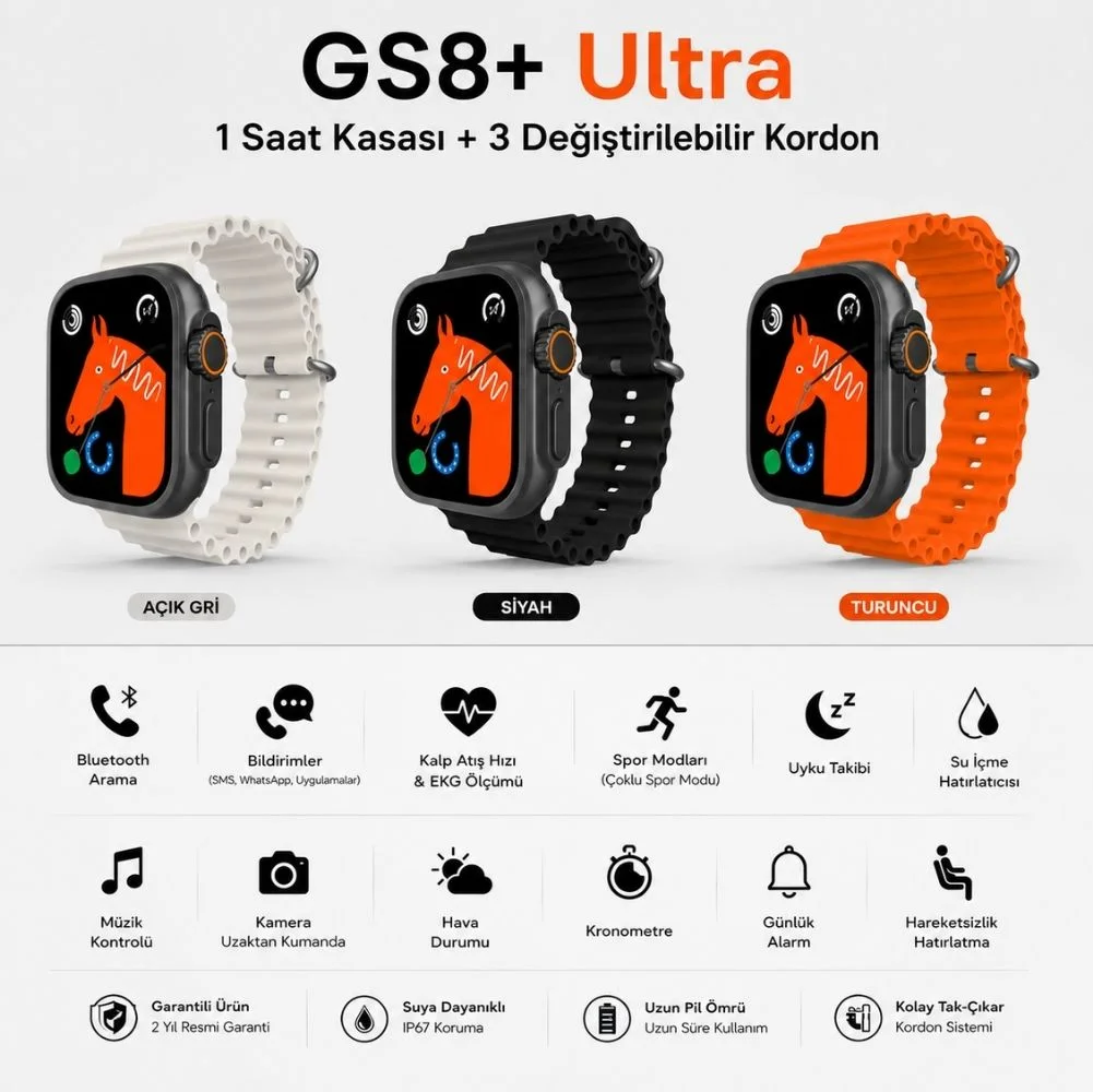 ScHitec GS8 Ultra Android İos HarmonyOs Uyumlu 3 Kordonlu Akıllı Saat Siyah