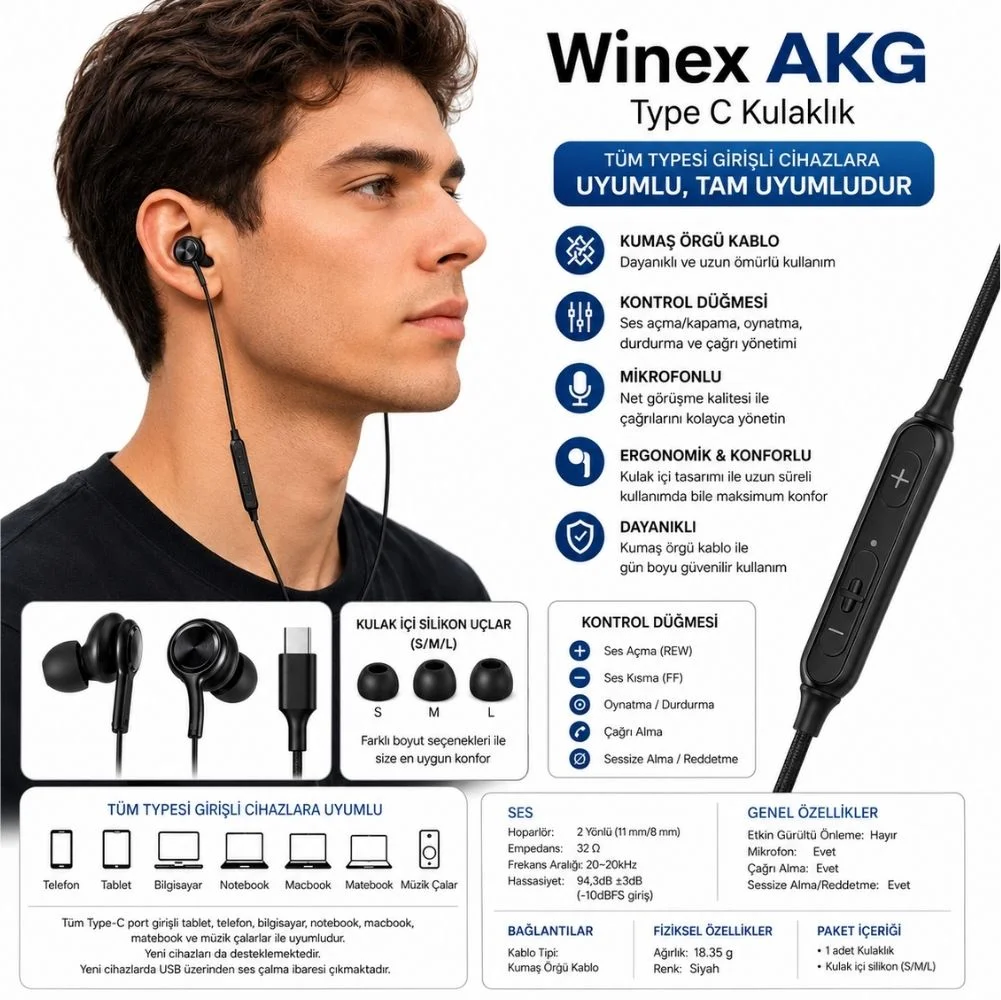Winex AKG Type-C Mikrofonlu Kablolu Kulaklık Siyah