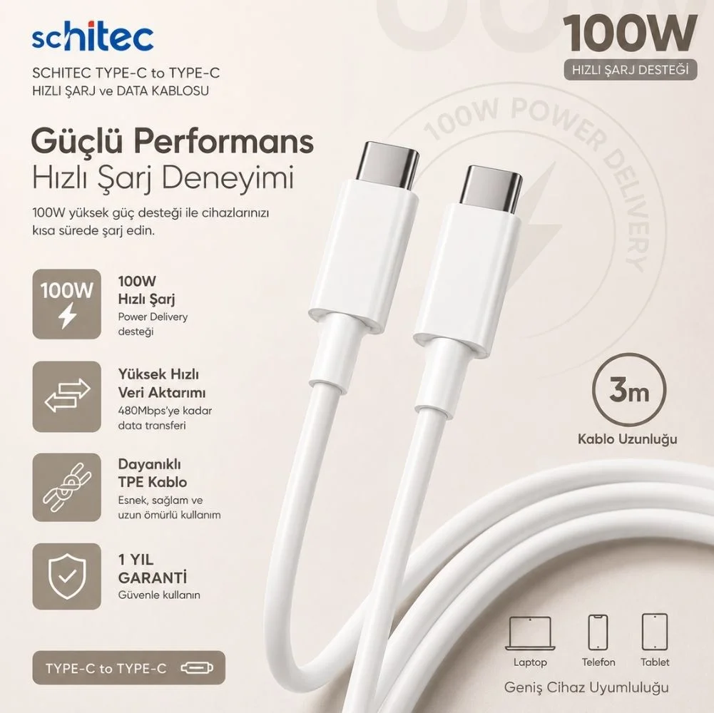 ScHitec 6A 100W Type-C to Type-C 3Metre Süper Hızlı Data ve Şarj Kablosu