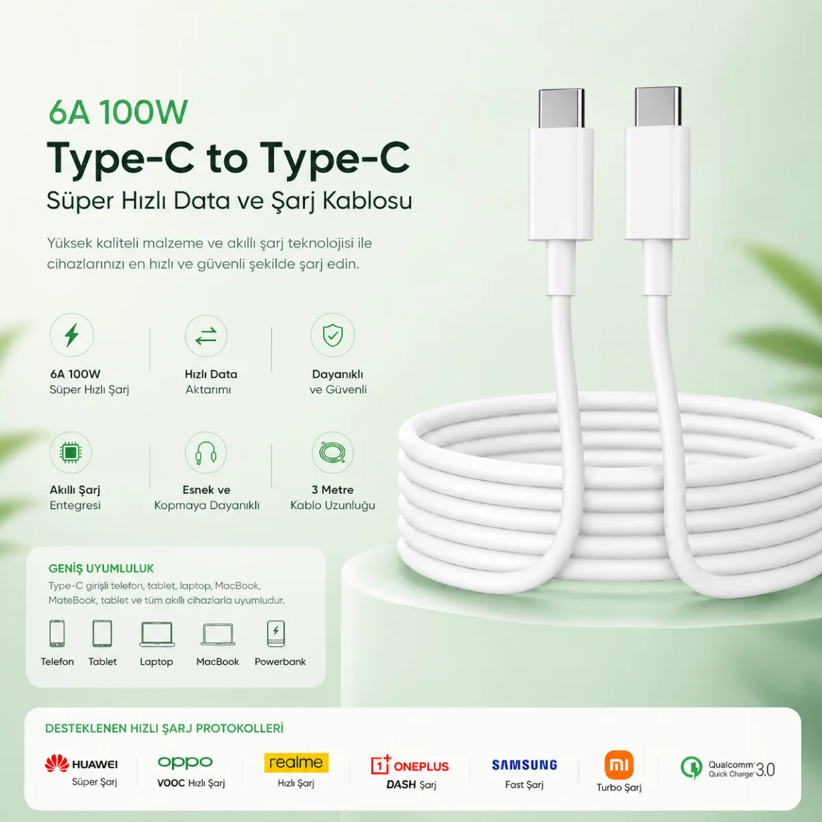 ScHitec 6A 100W Type-C to Type-C 3Metre Süper Hızlı Data ve Şarj Kablosu