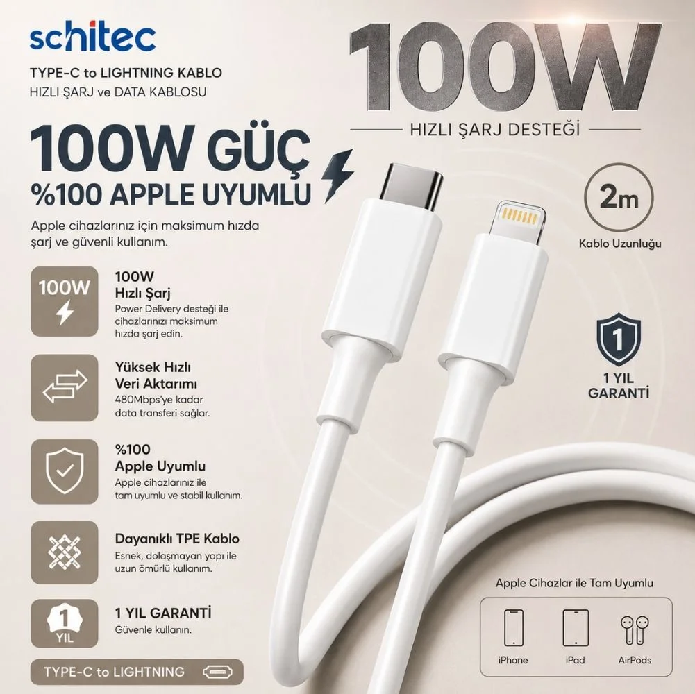 ScHitec 6A 100W Apple Uyumlu Type-C to Lightning 2Metre Süper Hızlı Data ve Şarj Kablosu