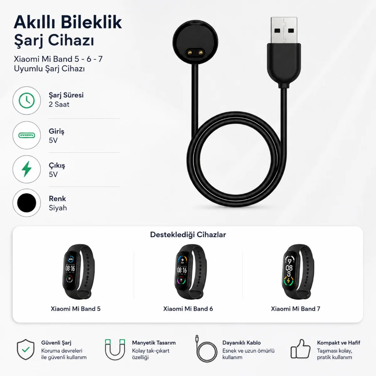 ScHitec Mi Band 5 - Mi Band 6 - Mi Band 7 Akıllı Bileklik UsbA Şarj Cihazı Kablosu