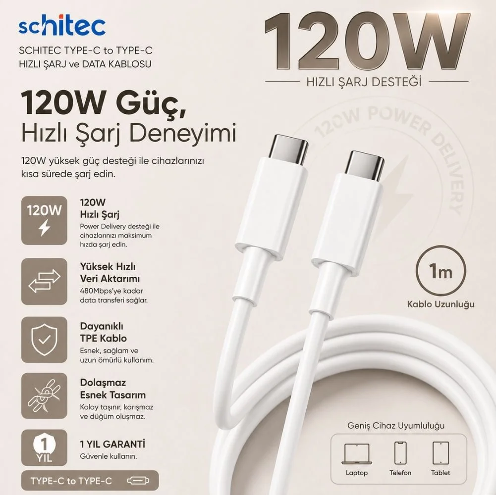 ScHitec 6A 120W Type-C to Type-C 1Metre Süper Hızlı Data ve Şarj Kablosu SX10