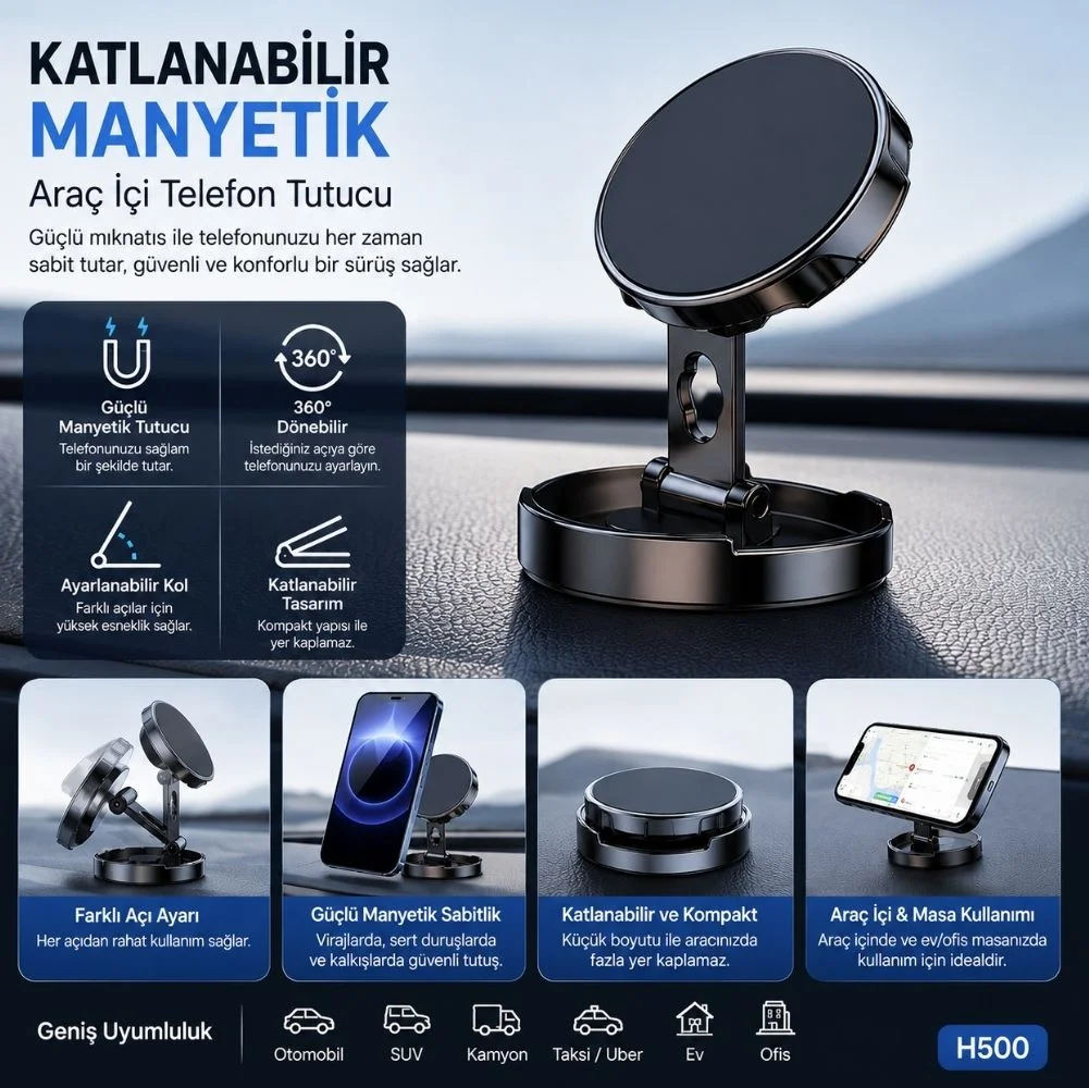ScHitec Katlanabilir Manyetik Araç İçi Telefon Tutucu Gümüş H500