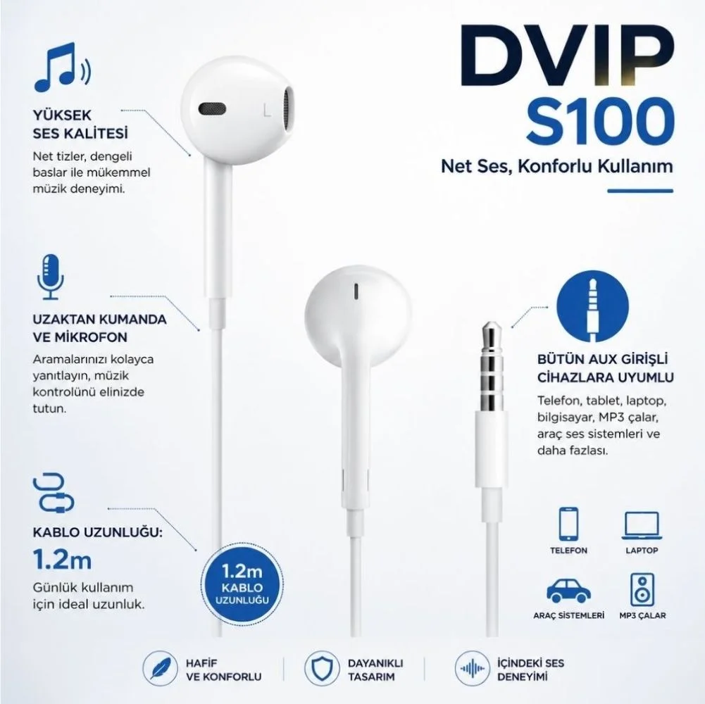 DVIP S100 3.5mm Jack Girişli Mikrofonlu Kablolu Kulaklık Beyaz