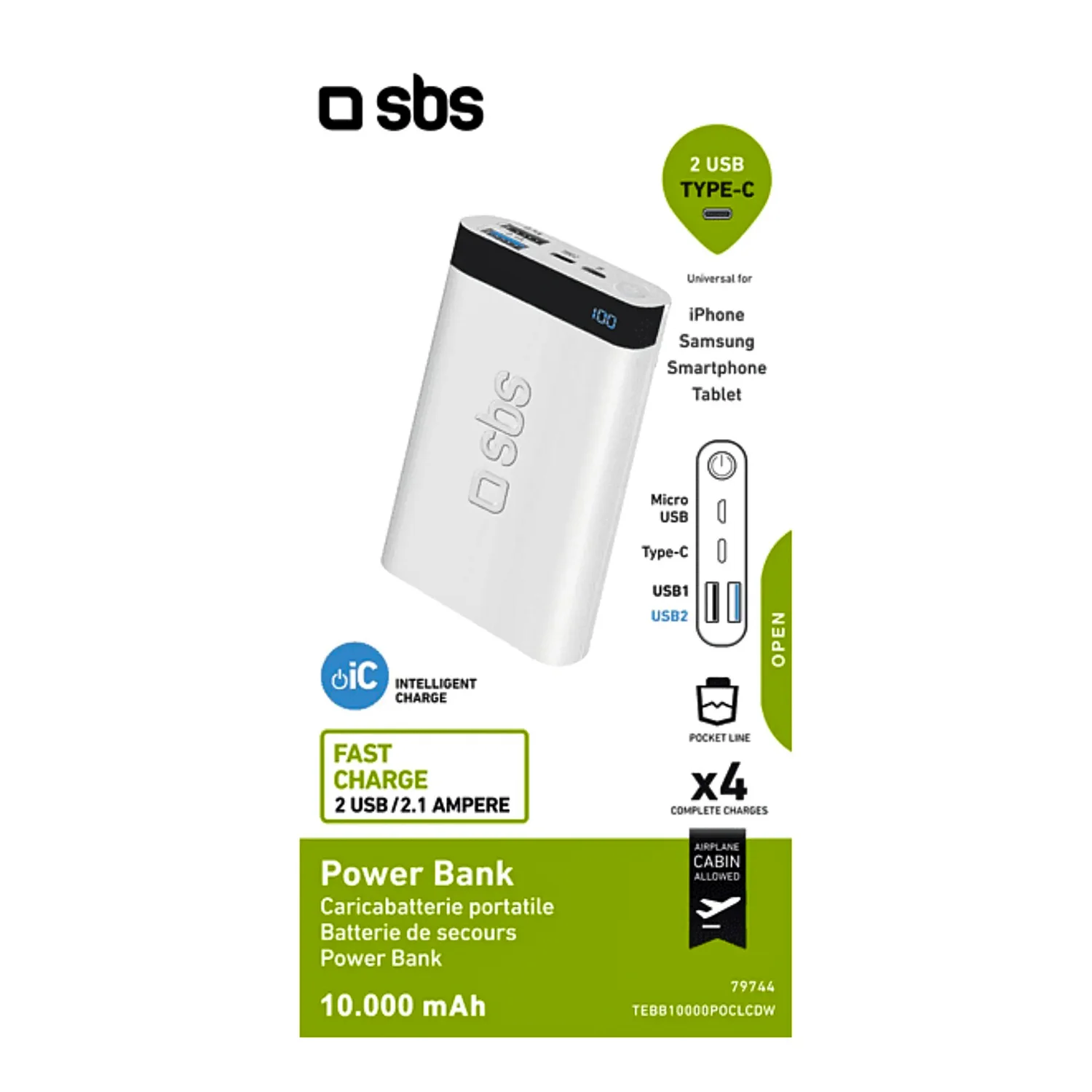 Sbs İntelligent Fast Charge 10.000mAh 2xUsbA + Type-C Çıkışlı Led Göstergeli 2M Type-C to Type-C Kablolu Powerbank Beyaz