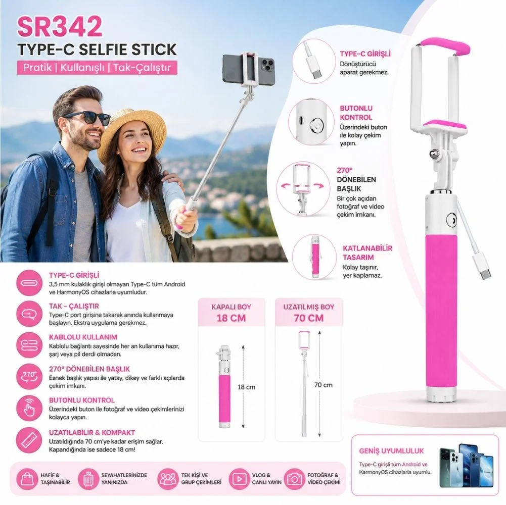 Winex SR342 Katlanabilir Type-C Selfie Girişli Stick Çubuğu Pembe