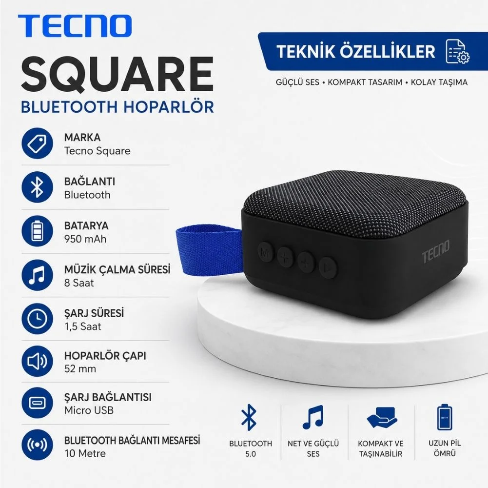 Tecno Square S1 Vigorous Bass Bluetooth Hoparlör Siyah