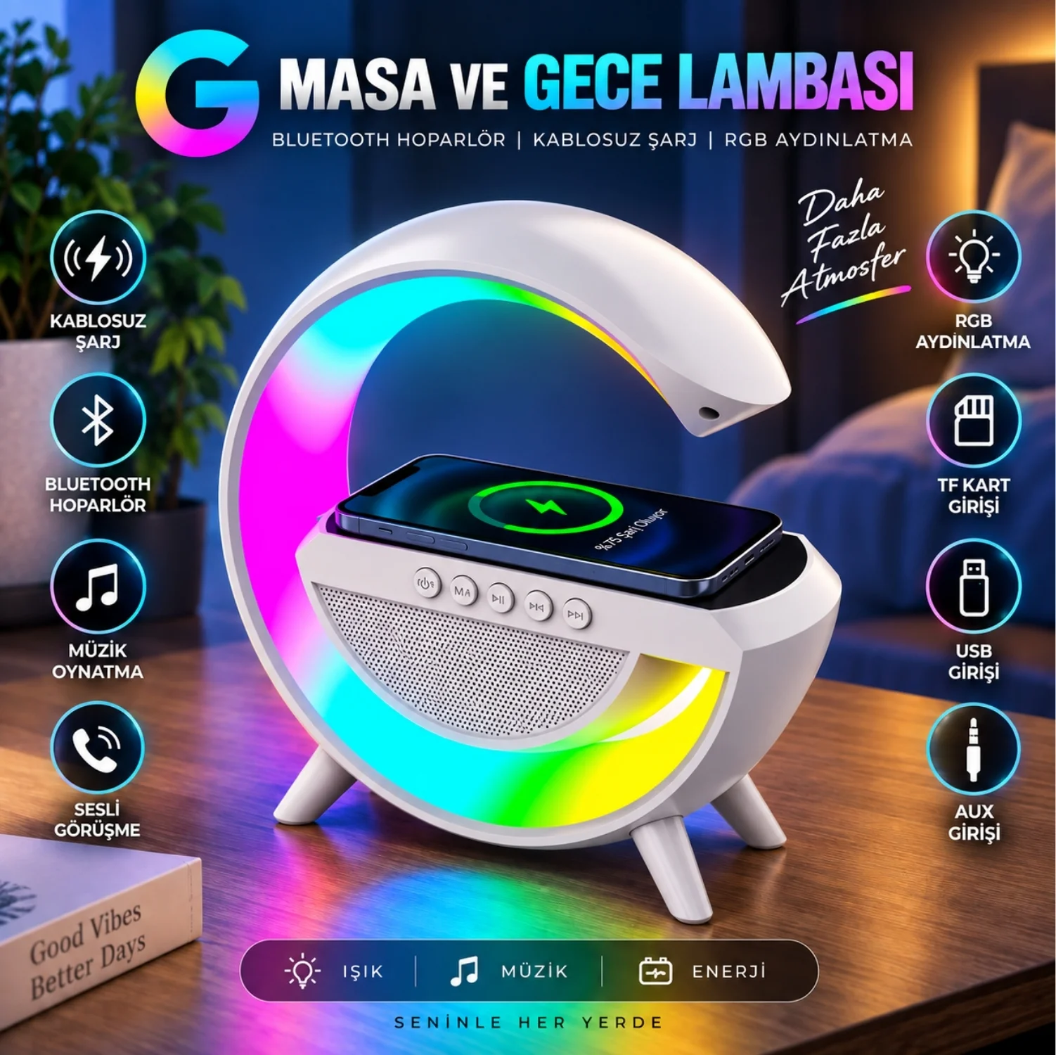 ScHitec G Bluetooth Hoparlörlü Kablosuz Şarj Özellikli Masa ve Gece Lambası