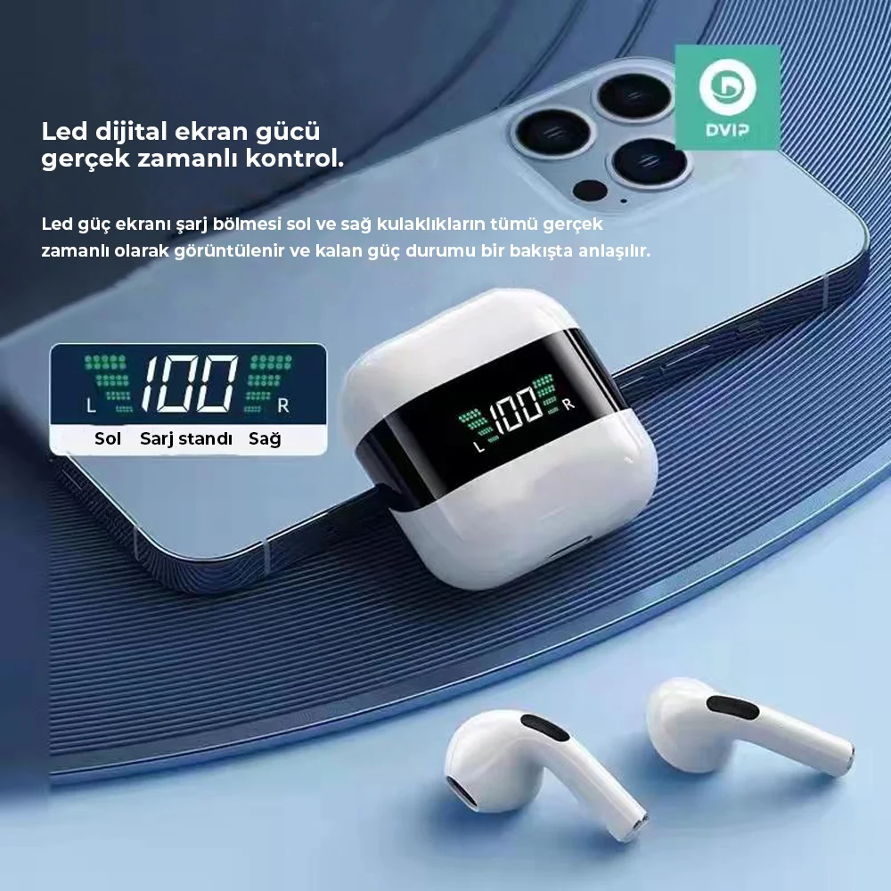 DVIP P50 Pro TWS Dijital Ekranlı Bluetooth Kulaklık Beyaz