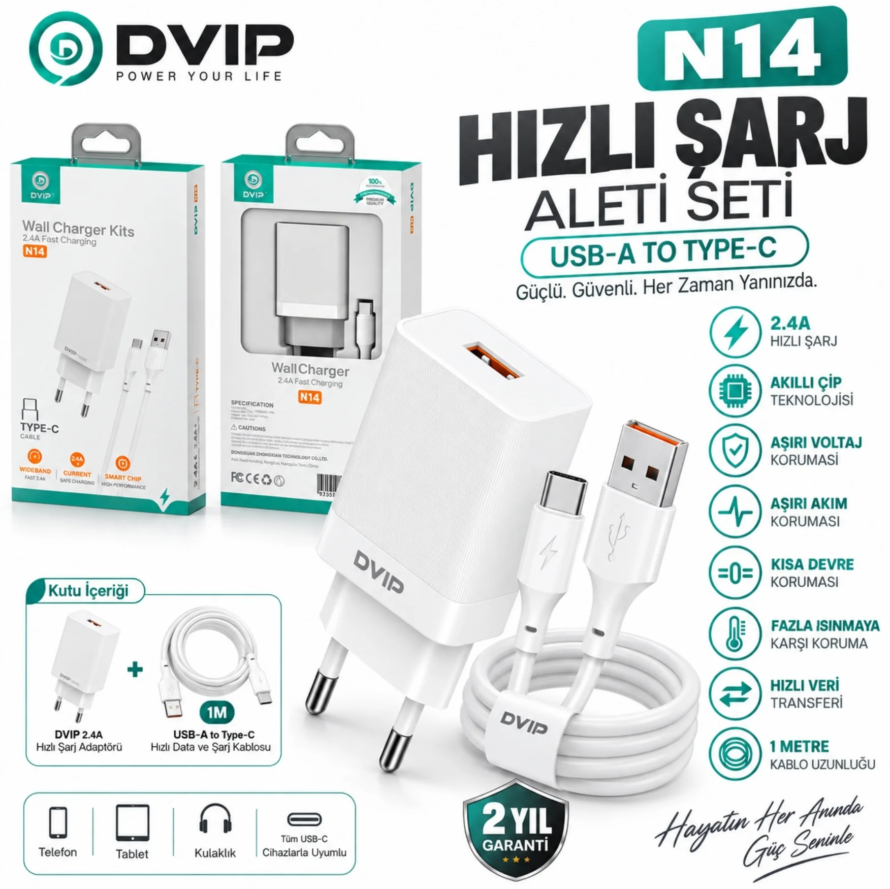 DVIP N14 2.4A UsbA to Type-C Kablolu Hızlı Şarj Aleti Set Beyaz