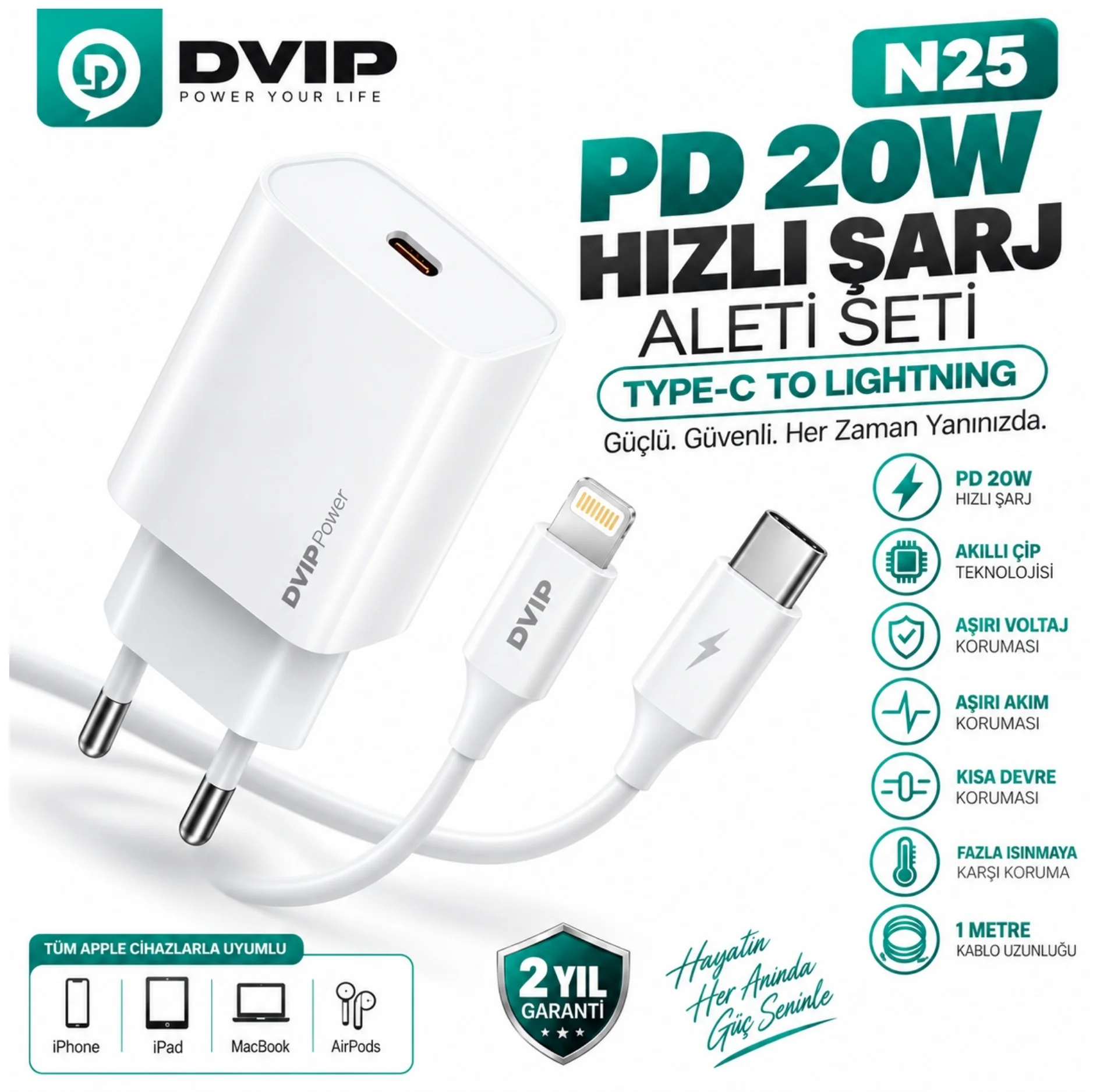 DVIP N25 PD20W Quick Charger Type-C to Lightning Kablolu Şarj Set