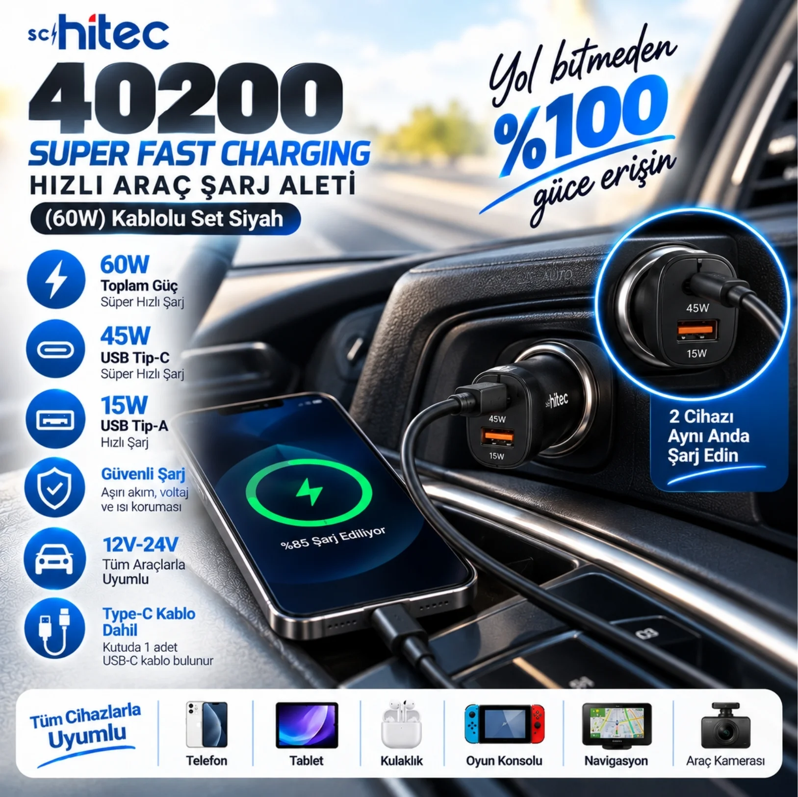 ScHitec 40200 Super Fast Turbo Araç Şarj Aleti (45W + 15W) Kablolu Set Siyah