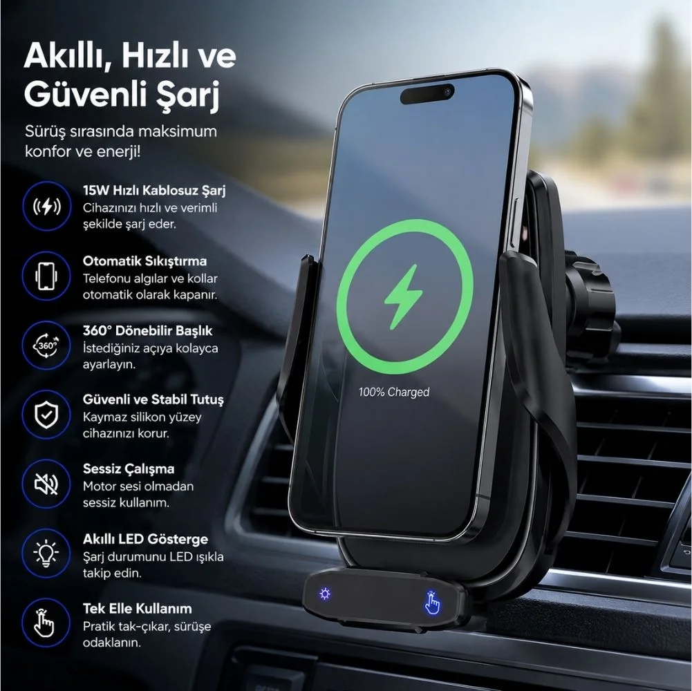 Winex Q9 15W Sensörlü Araç İçi Kablosuz Hızlı Şarj Aleti ve Telefon Tutucu
