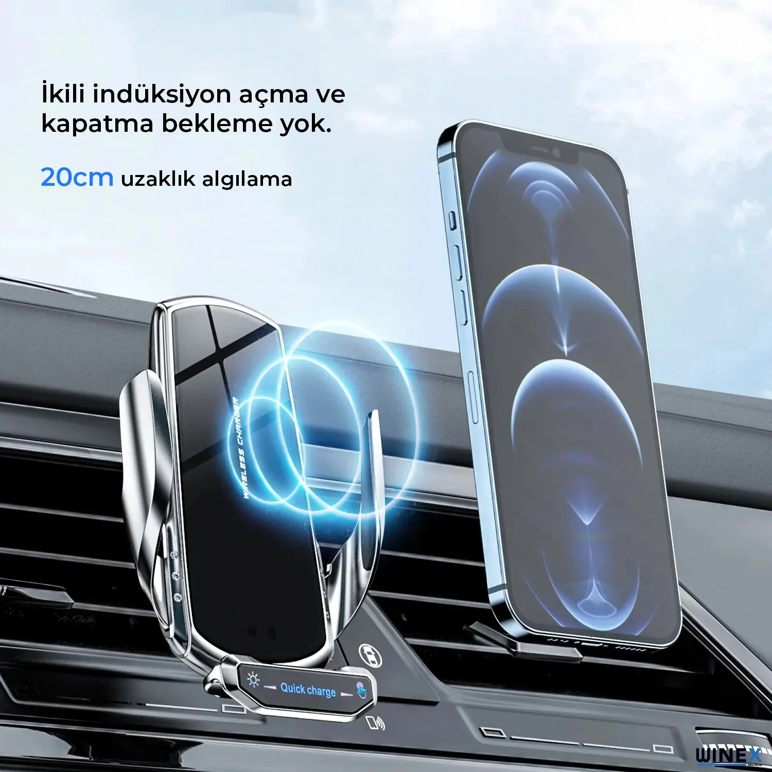 Winex Q9 15W Sensörlü Araç İçi Kablosuz Hızlı Şarj Aleti ve Telefon Tutucu