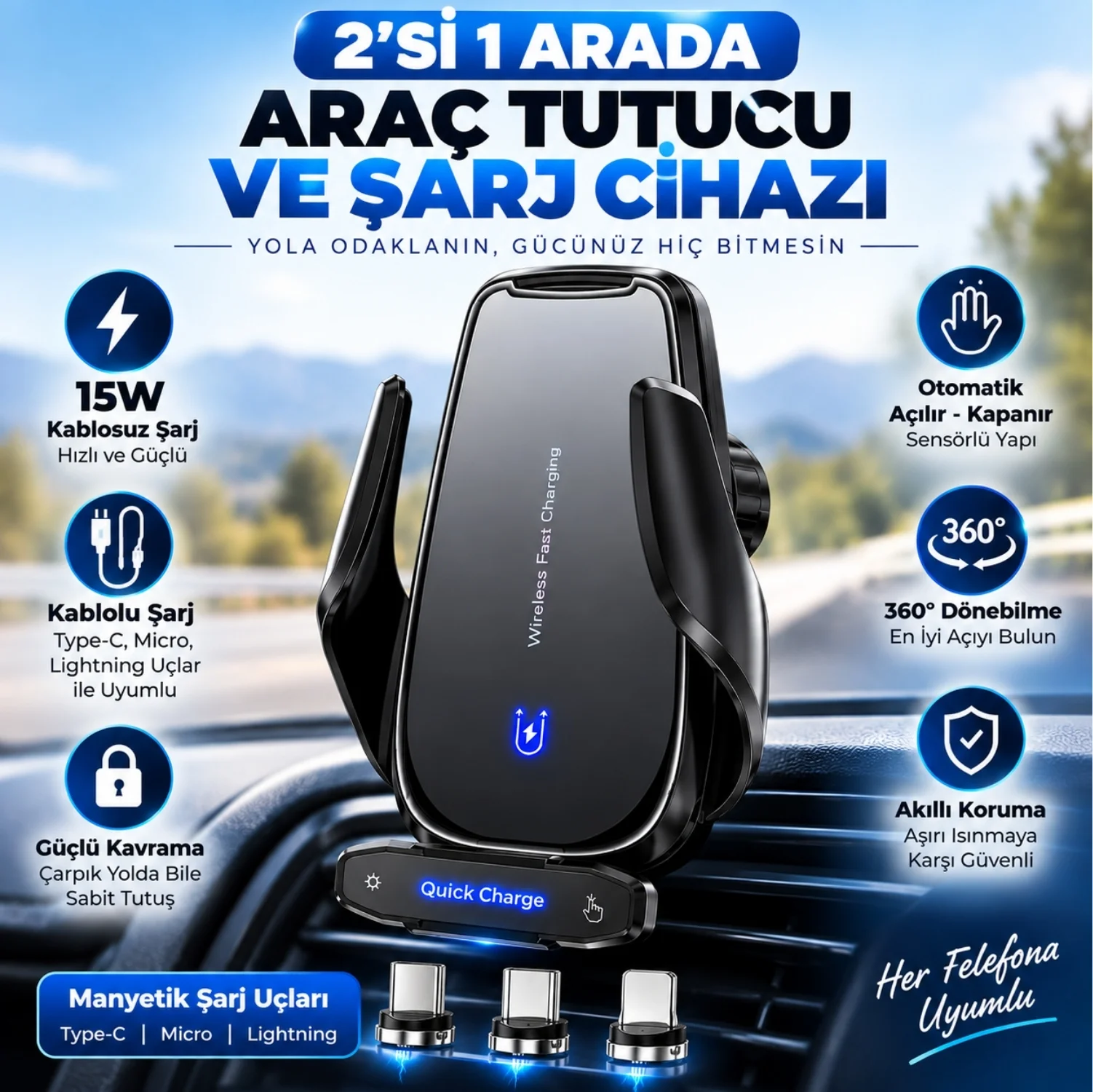 ScHitec Q9 15W Sensörlü Araç İçi Kablosuz Hızlı Şarj Aleti ve Telefon Tutucu