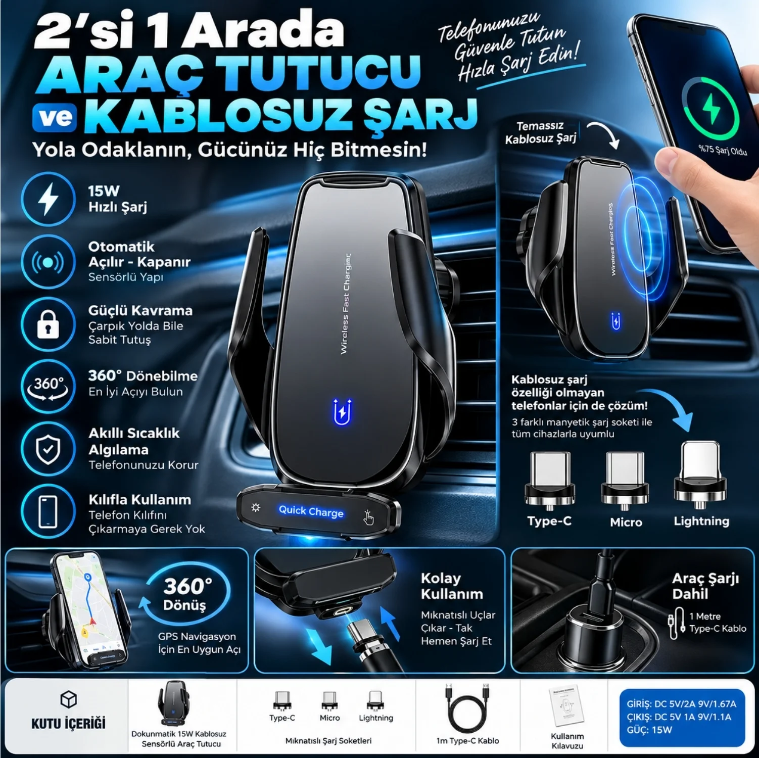 ScHitec Q9 15W Sensörlü Araç İçi Kablosuz Hızlı Şarj Aleti ve Telefon Tutucu