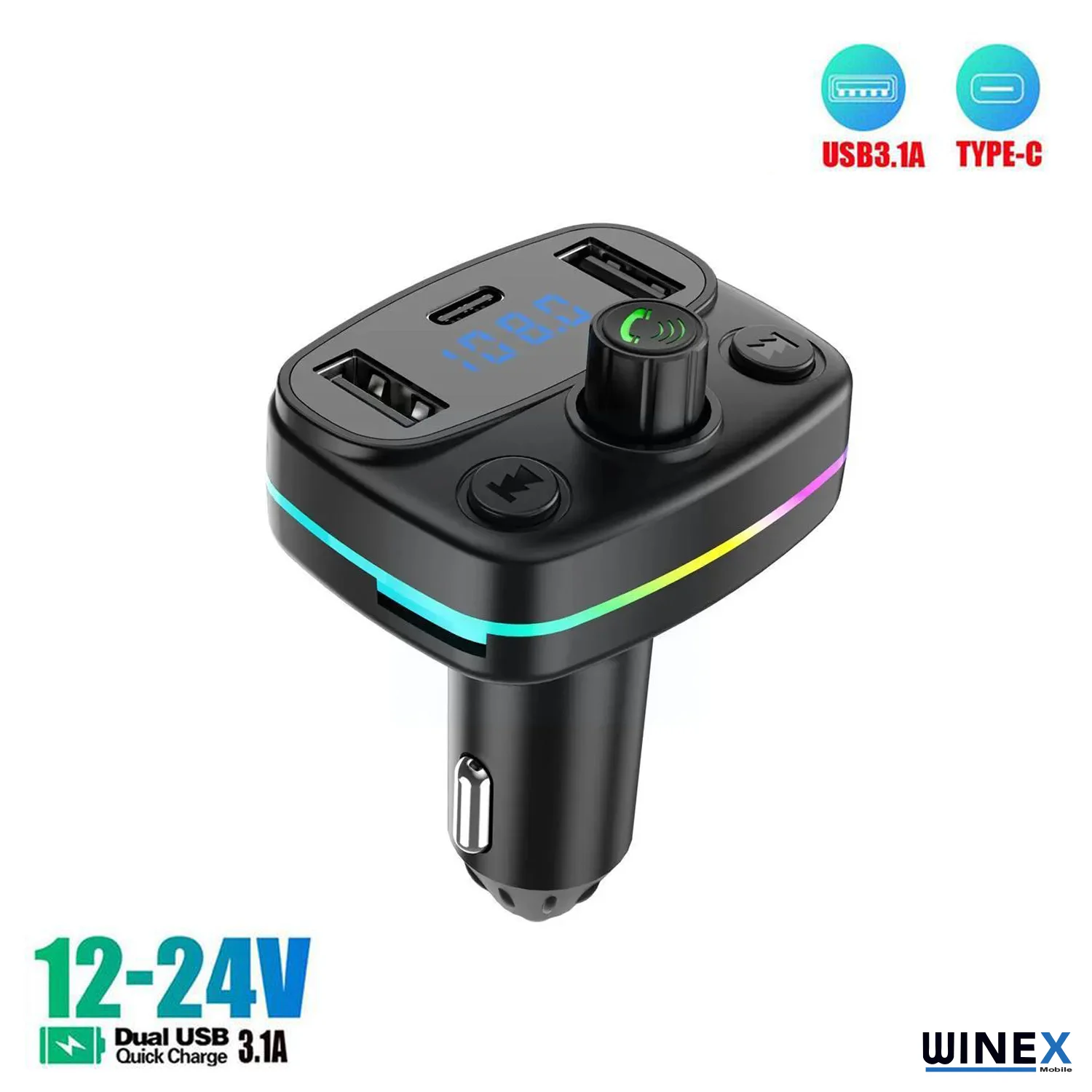 Winex M44 Fm Handsfree Bluetooth Modülatör MP3 Player Type-C Çıkışlı Araç Şarj Aleti