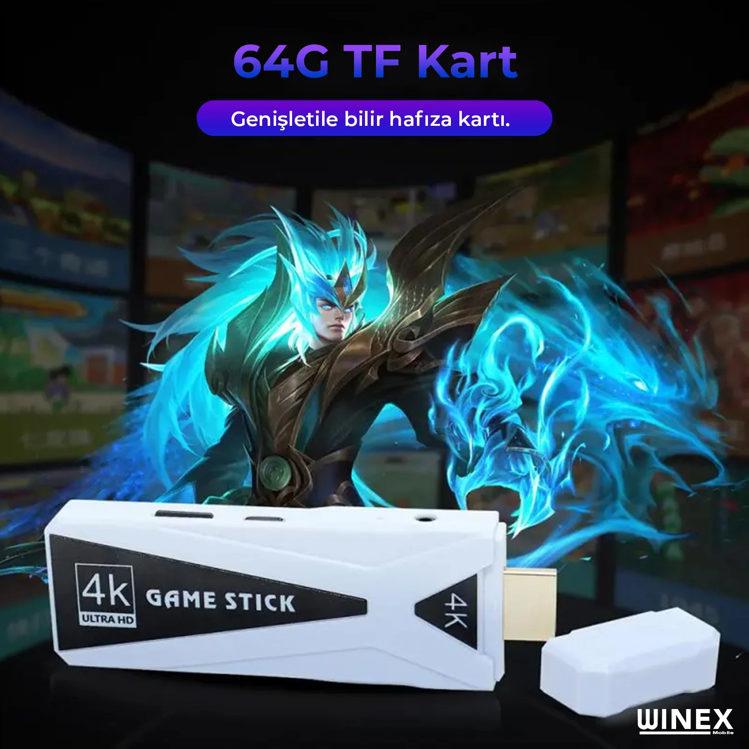 Winex 4K Android TV Stick ve Retro Game Konsol 10000 Atari Makinası Oyunlu 64GB Beyaz