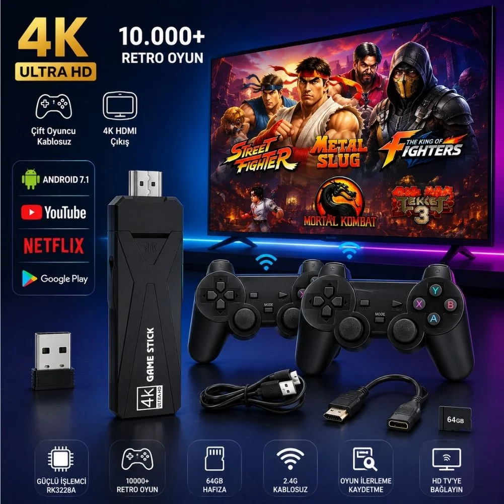 Winex 4K Android TV Stick ve Retro Game Konsol 10000 Atari Makinası Oyunlu 64GB Siyah