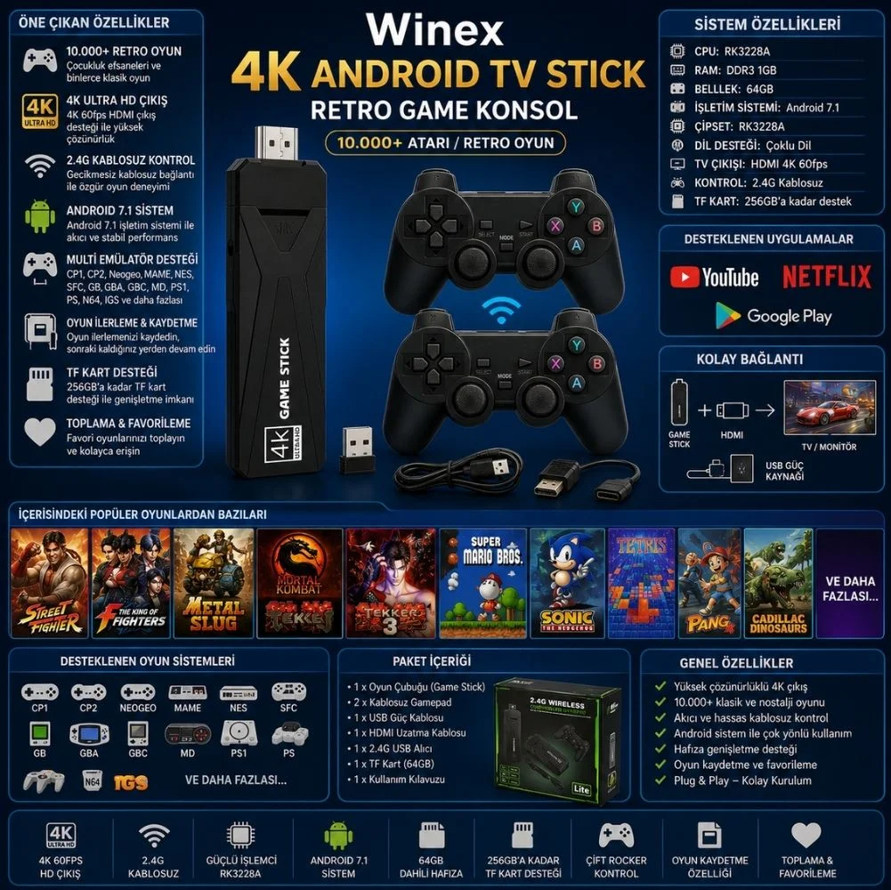 Winex 4K Android TV Stick ve Retro Game Konsol 10000 Atari Makinası Oyunlu 64GB Siyah