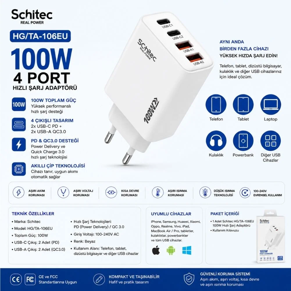SChitec Süper 100W 4 Çıkışlu 2 Type-C + 2 UsbA QC 3.0 Süper Hızlı Şarj Adaptörü Başlığı