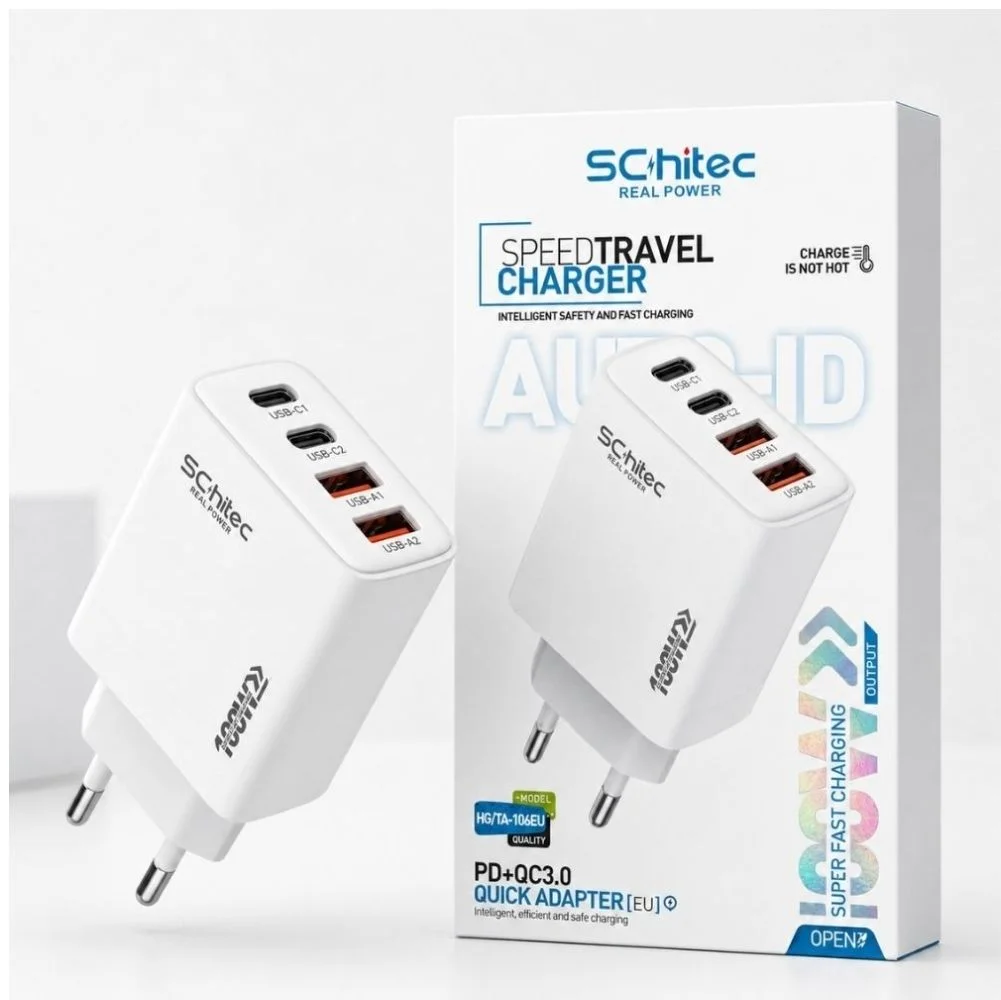 SChitec Süper 100W 4 Çıkışlu 2 Type-C + 2 UsbA QC 3.0 Süper Hızlı Şarj Adaptörü Başlığı