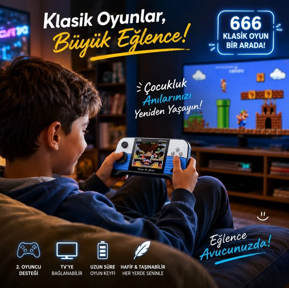 Winex G9 Retro 3.0 inç Tv Bağlanan 2.Joystickli Oyun Konsolu Mavi (666 Klasik Oyunlar)