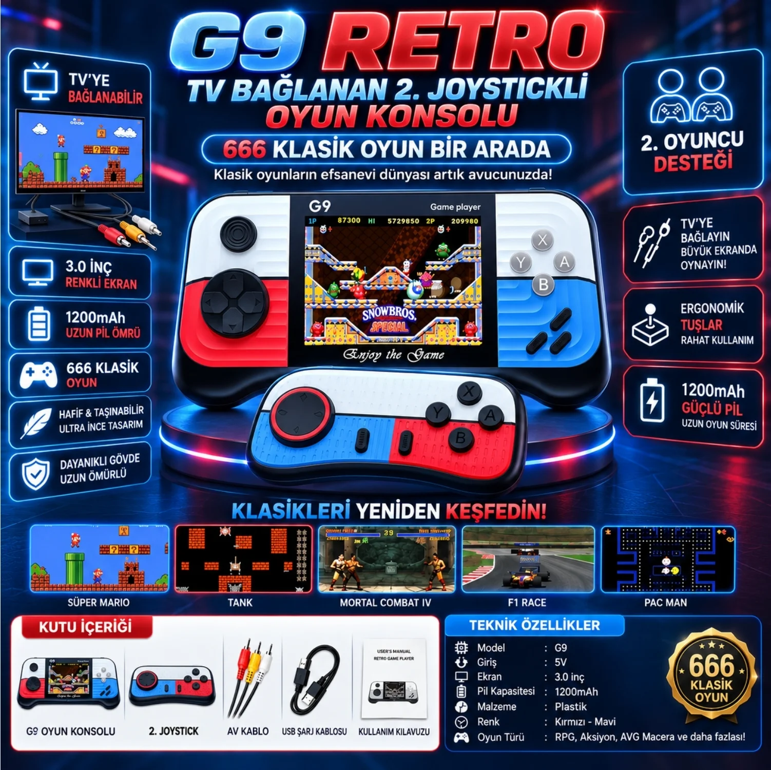 Winex G9 Retro 3.0 inç Tv Bağlanan 2.Joystickli Oyun Konsolu Kırmızı - Mavi (666 Klasik Oyunlar)