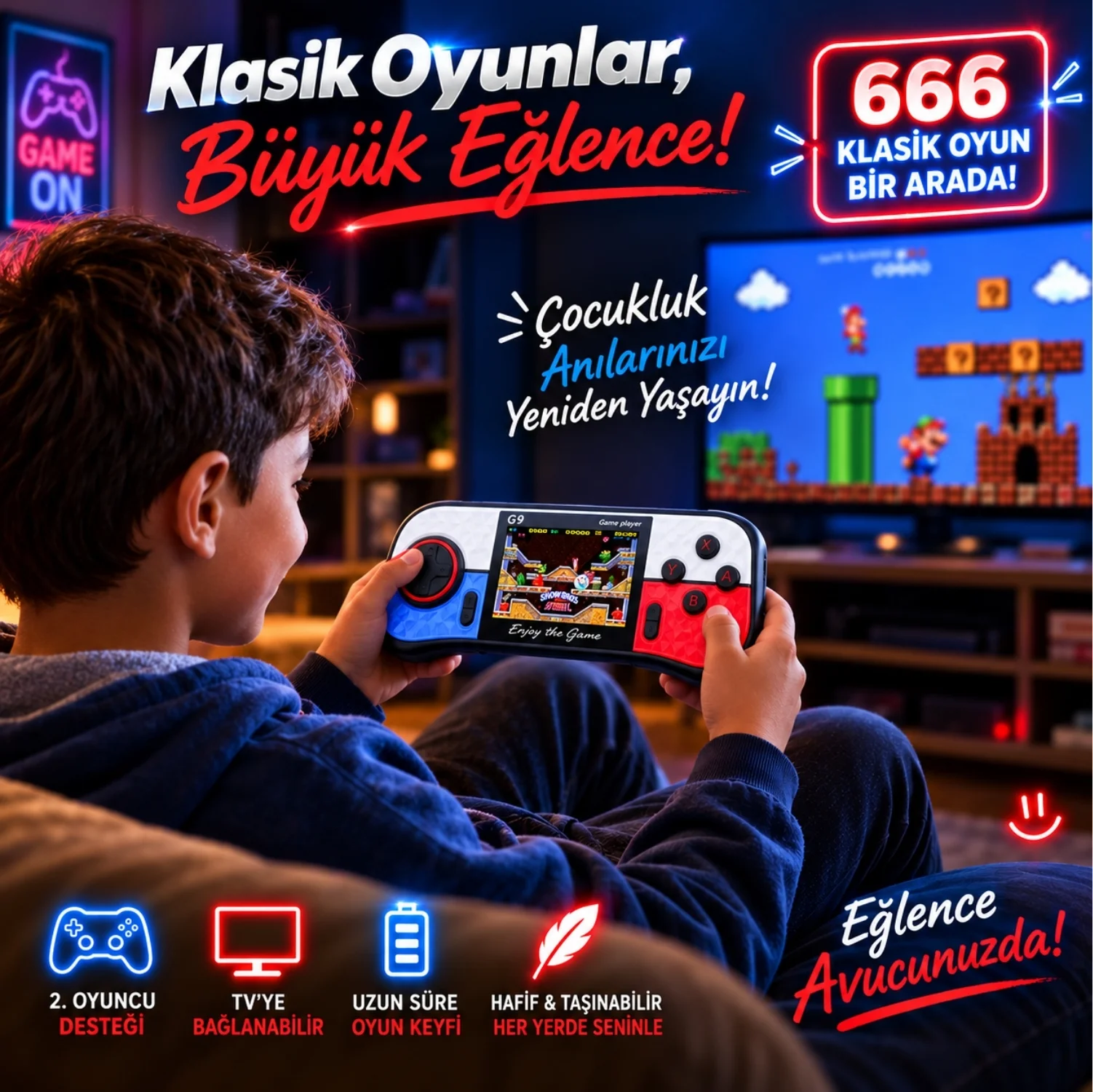 Winex G9 Retro 3.0 inç Tv Bağlanan 2.Joystickli Oyun Konsolu Kırmızı - Mavi (666 Klasik Oyunlar)
