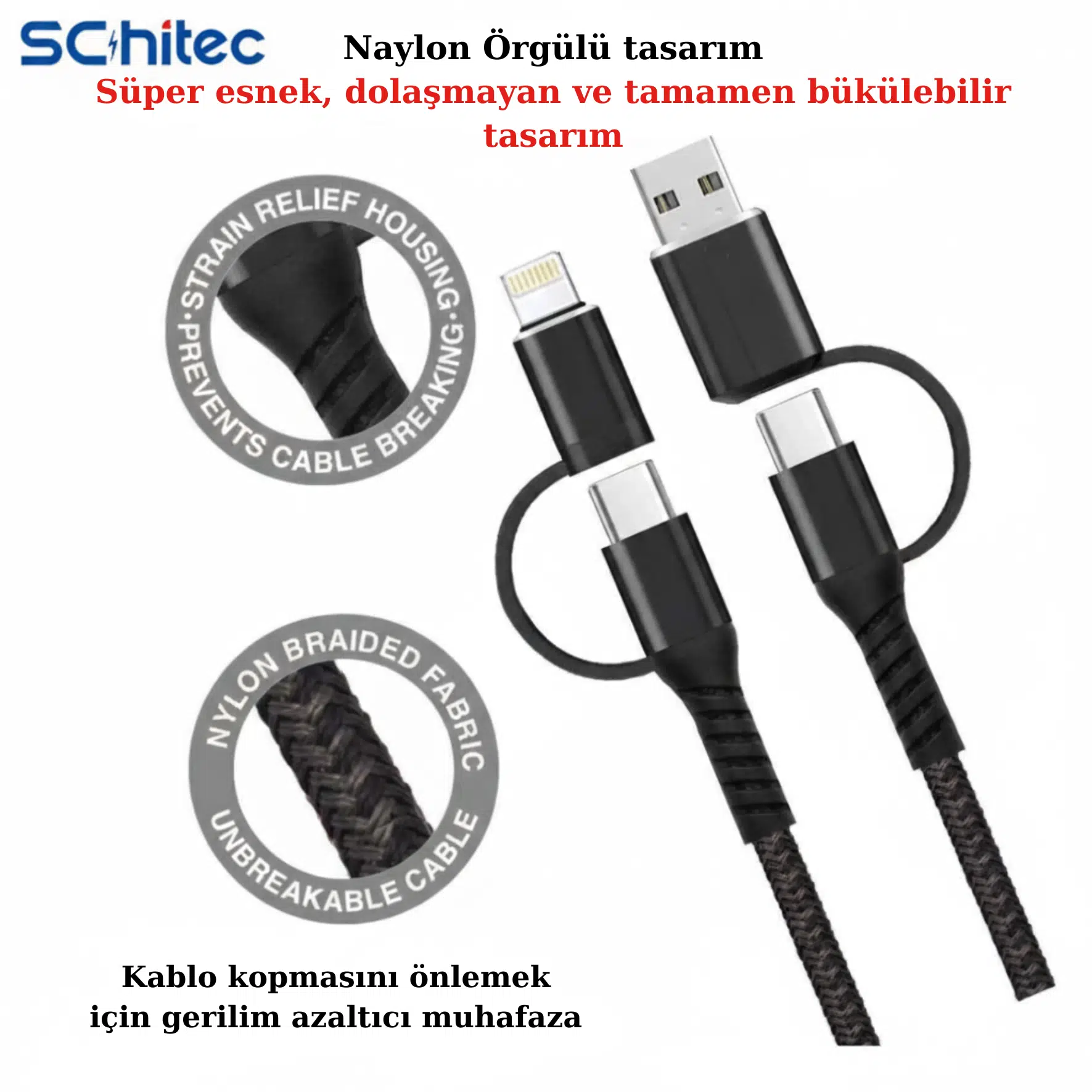 ScHitec 100W 4in1 Type-C - USB - Lightning - Type-C Çıkışlı Hızlı Data ve Şarj Kablosu Siyah