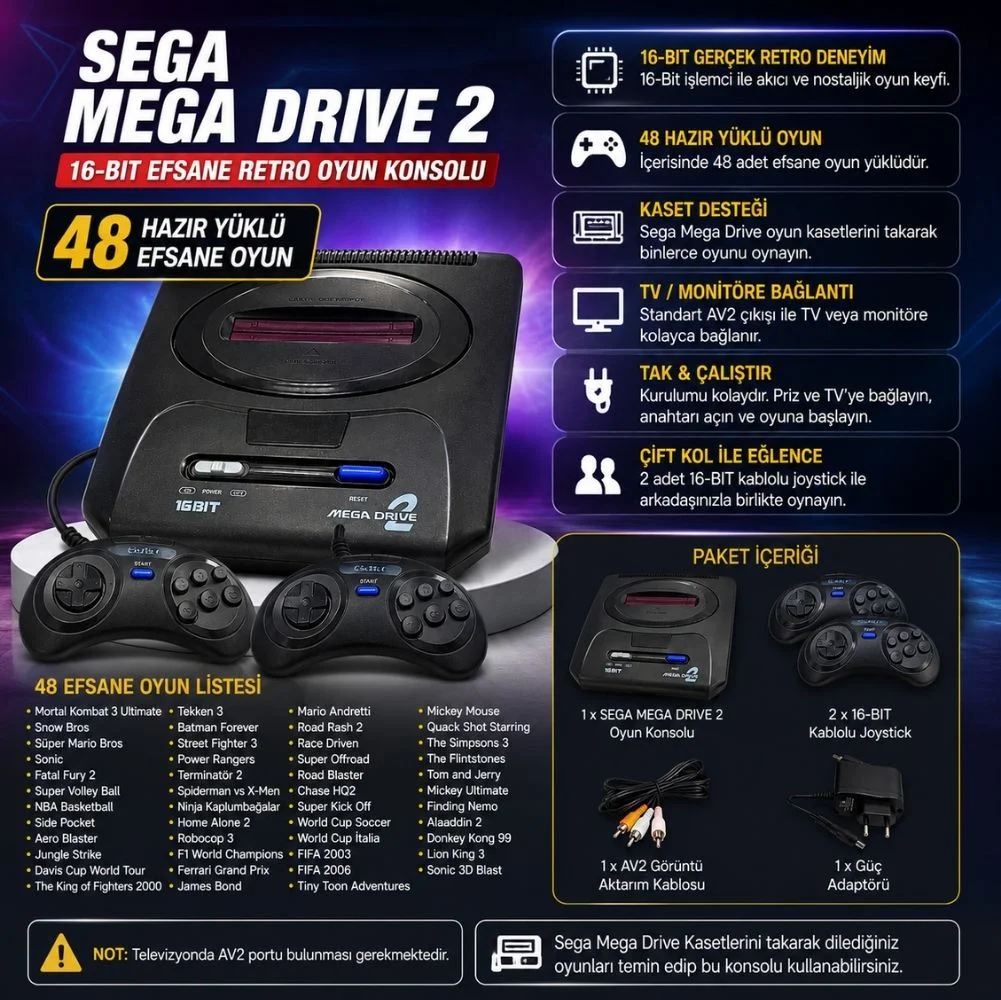 Sega Mega Drive 2 48 Oyunlu Efsane Retro Oyun Konsolu 16-Bit Çift Kol