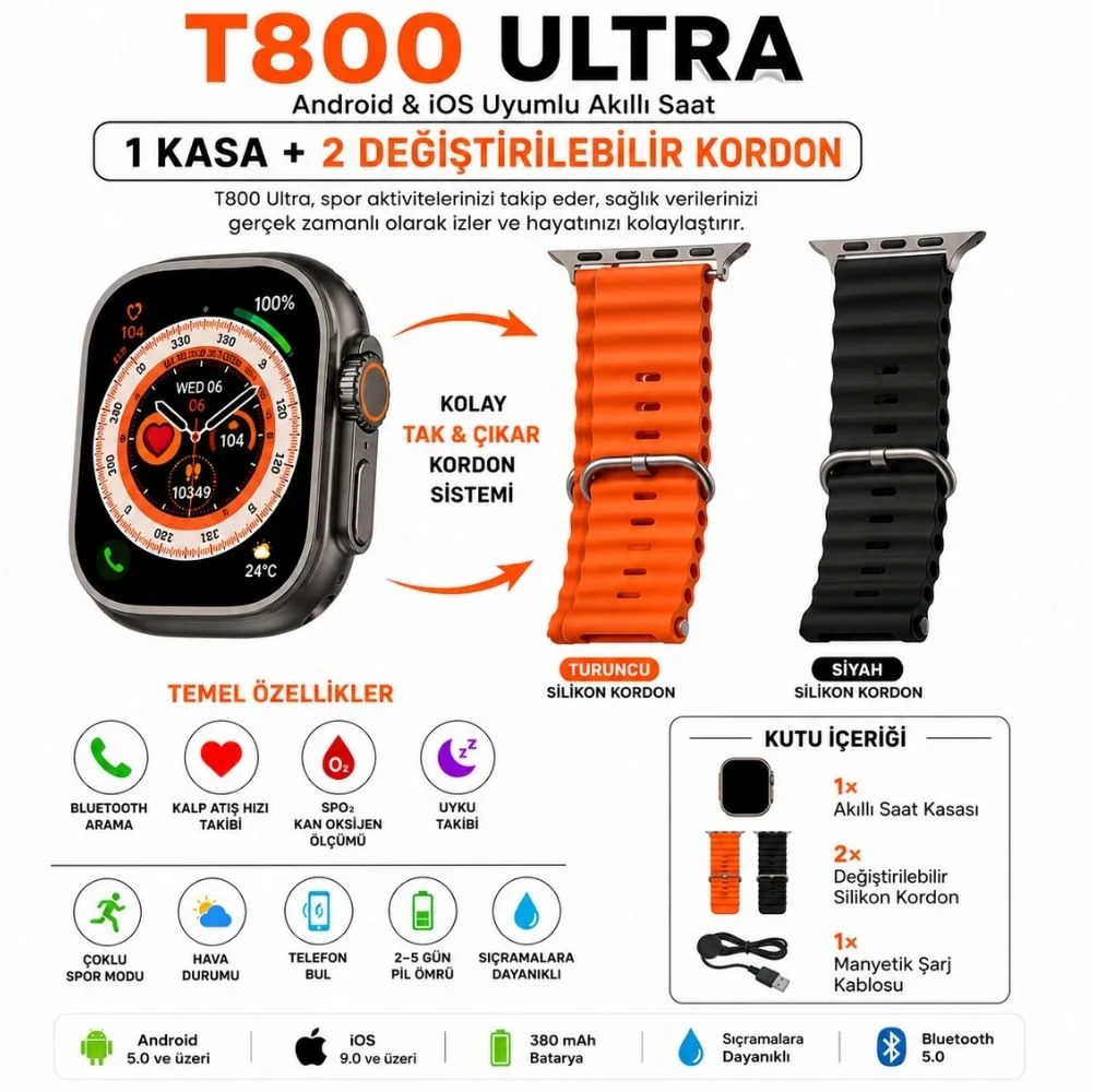 T800 Ultra Android İos Uyumlu Akıllı Saat Siyah Kasa