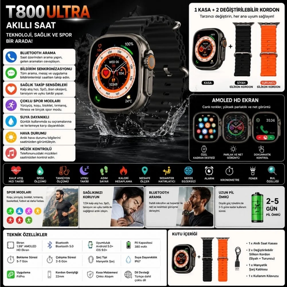 T800 Ultra Android İos Uyumlu Akıllı Saat Siyah Kasa