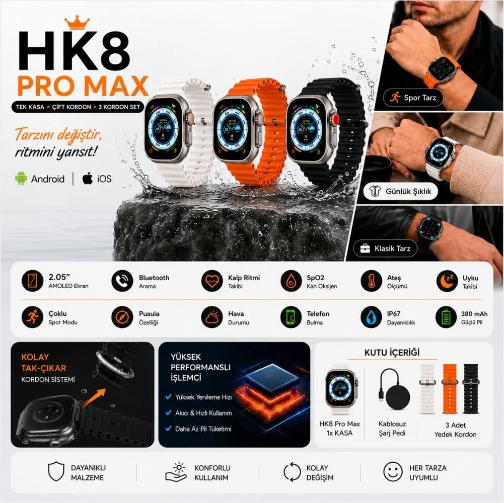 Watch 8 Pro Max Amoled Ekran Android İos HarmonyOs Uyumlu Akıllı Saat Değiştirilebilir 3 Kordon