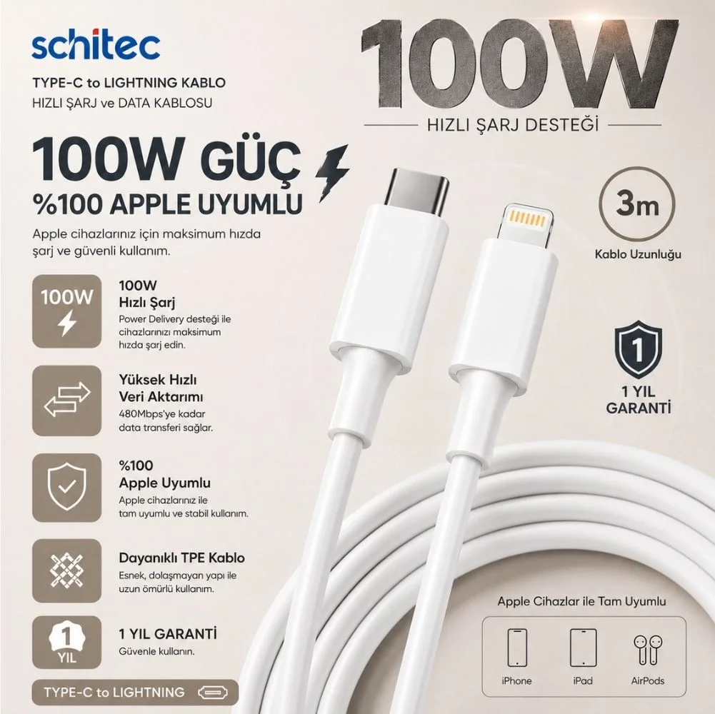 ScHitec 6A 100W Apple Uyumlu Type-C to Lightning 3Metre Süper Hızlı Data ve Şarj Kablosu