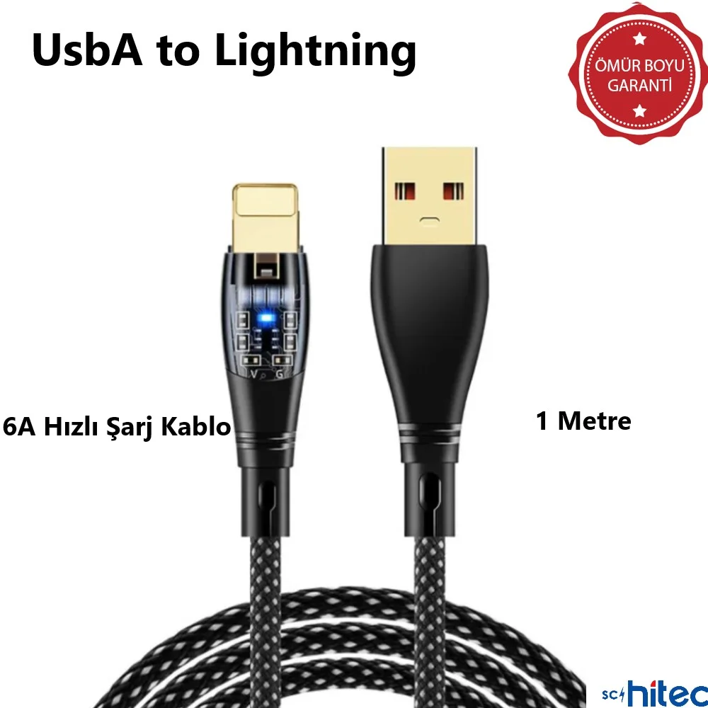 ScHitec 6A 120W UsbA to Lightning 1Metre Hızlı Data ve Şarj Kablosu Siyah YK233S