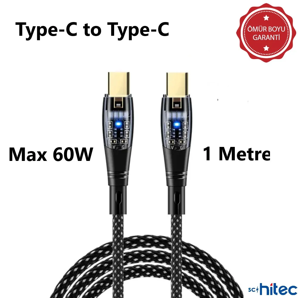 ScHitec 6A 60W Type-C to Type-C 1Metre Hızlı Data ve Şarj Kablosu Mavi YK250M